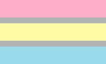 Bandeira de cinco faixas, rosa, cinza, amarelo, cinza e azul, as faixas cinzas são bem mais finas