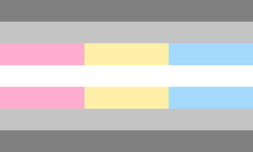 A mesma bandeira, mas em vez de espectro há rblocos das cores rosa, amarelo e azul nas duas faixas