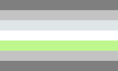Bandeira demigênero de borda redonda: sete faixas das cores cinza escuro, cinza, cinza clar, branco, verde, cinza e cinza escuro