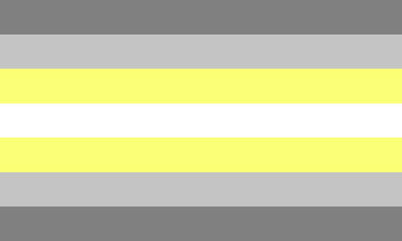 Bandeira demigênero: sete faixas das cores cinza escuro, cinza, amarelo, branco, amarelo, cinza e cinza escuro.