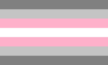 Bandeira demigarota de borda redonda: sete faixas das cores cinza escuro, cinza, rosa, branco, rosa, cinza e cinza escuro.