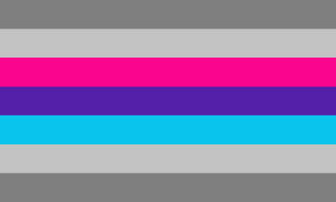 Bandeira demiandrógine de borda redonda: sete faixas das cores cinza escuro, cinza, rosa, roxo, azul, cinza e cinza escuro.