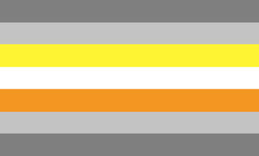 Bandeira demimaveriq de borda redonda: sete faixas das cores cinza escuro, cinza, amarelo, branco, laranja, cinza e cinza escuro